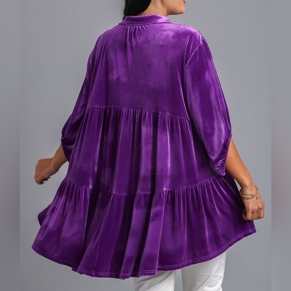NWT Umgee PLUS + REG Size Royal Purple Button Down Tiered High Low Shirt Top - Picture 3 of 6